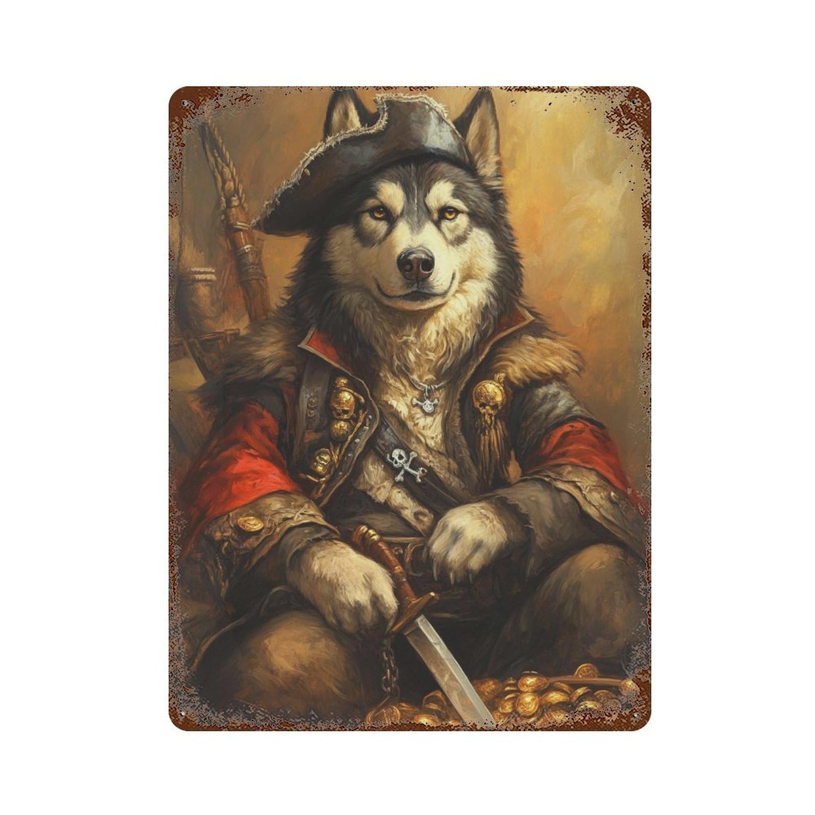 Retro Metal Sign Pirate Wolf Treasure Chest 15.7"x11.8", Retro Wall Decor for Living Room, Hallway And Home Decor