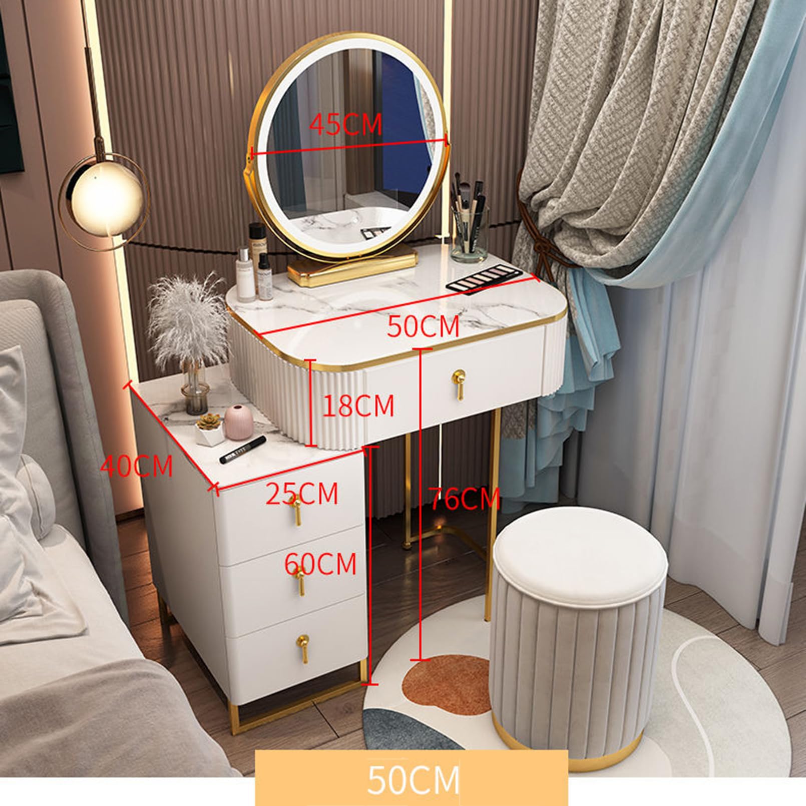 Set da trucco girevole a 360° con luci, cassetto, sgabello, specchio, tavolo da toeletta dal design moderno, ideale per gli amanti del trucco, stile nido d'uccello, 50 cm