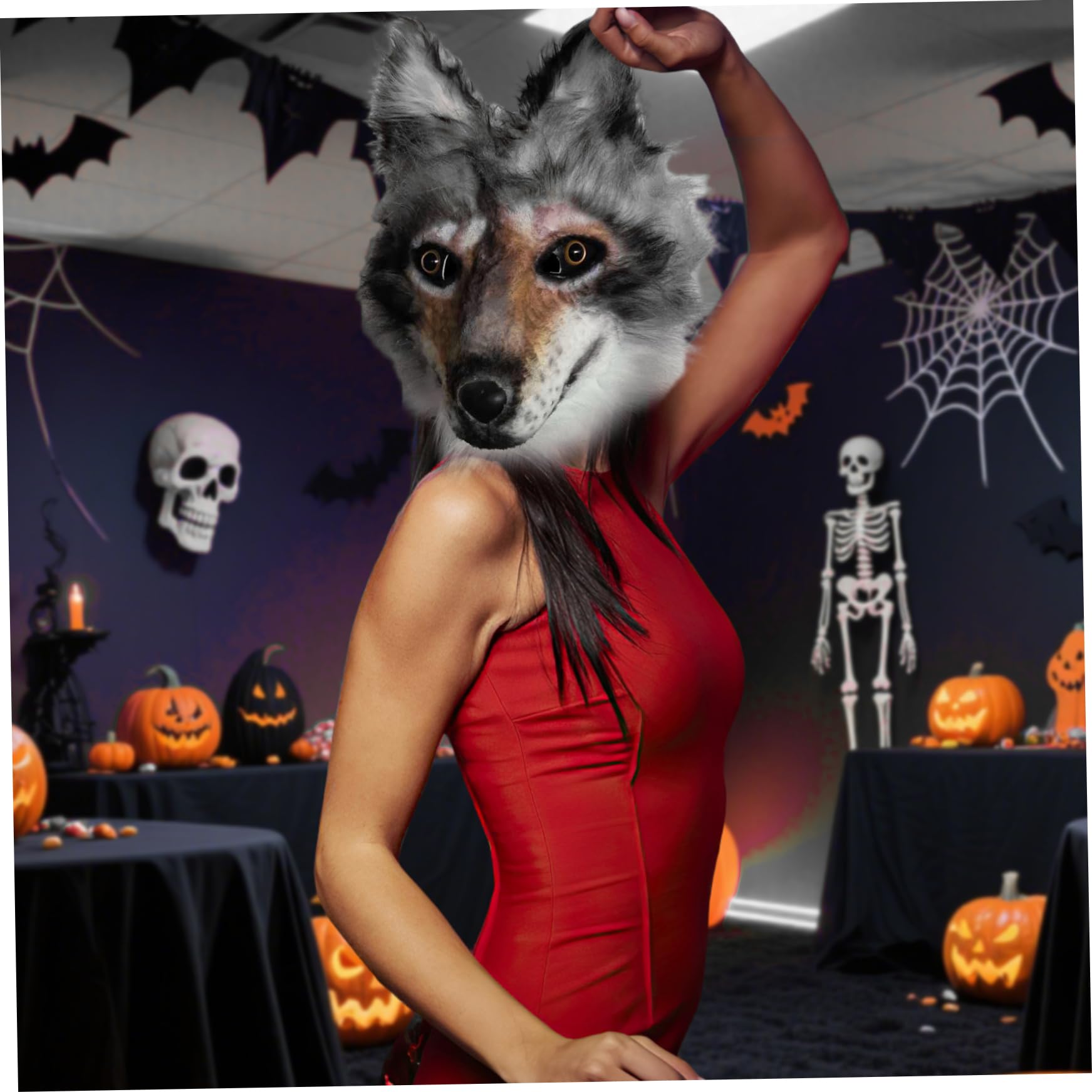 Masque de loup d'Halloween, masque réaliste en latex souple avec fourrure, accessoire de cosplay complet pour adulte, unisexe, pour Halloween, carnaval, fête, maison hantée, en fourrure, masqu
