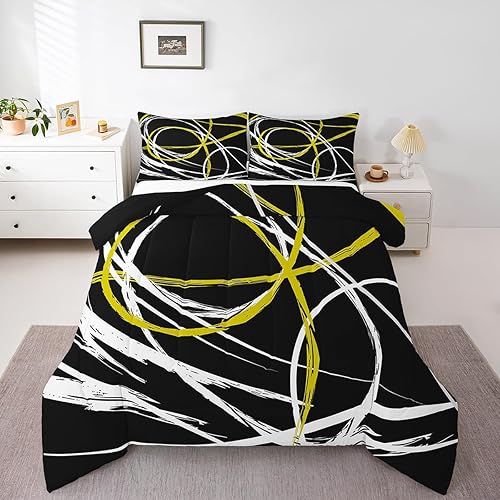 Castle Fairy Juego de edredón de rayas espirales abstractas tamaño individual, juego de ropa de cama de líneas blancas y amarillas para niños y