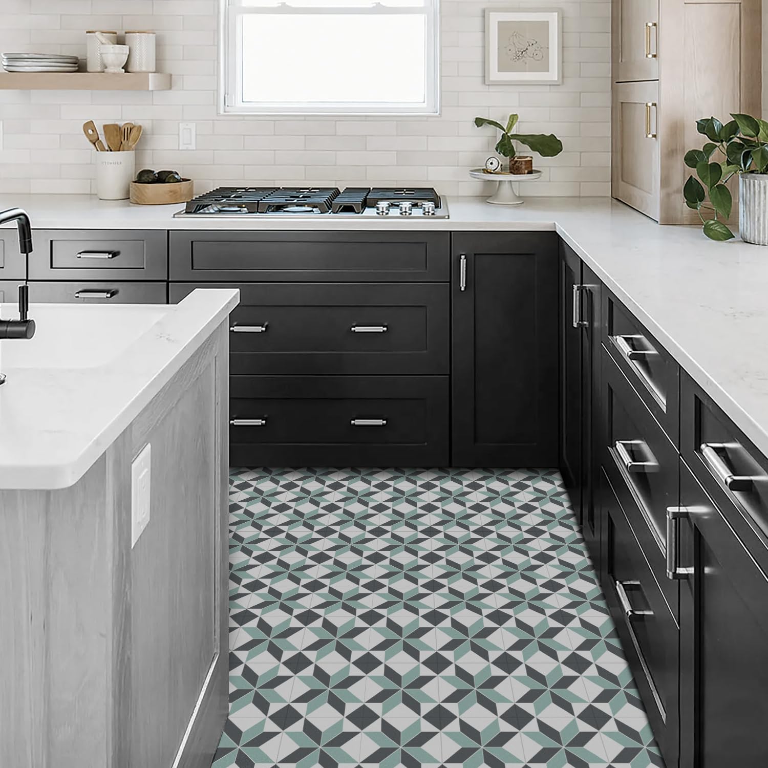 Alwayspon 12 x láminas adhesivas impermeables de vinilo, 30 x 30 cm, negro, blanco y verde, para cocina, salón y baño, PTF88