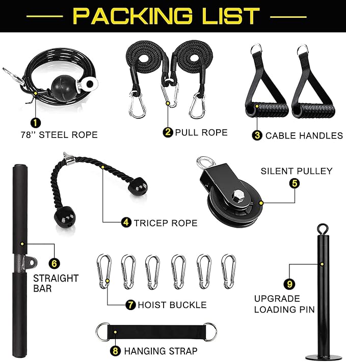 Introducing the versatile 3-in-1 Cable Pulley System, a must-have addition to any home gym for fitness enthusiasts looking to elevate their upper body workout routine. This robust tricep pulley system features an array of attachments, including a straight bar, cable handles, and a nylon tricep rope, offering flexibility and diverse exercise options. With its ability to train biceps, triceps, shoulders, chest, and back, this pulley system ensures a comprehensive workout by simply changing the connection between the hoist buckle and high-strength alloy.