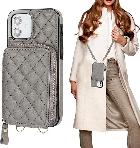 Bocasal Funda tipo cartera cruzada para iPhone 1212 Pro, bloqueo RFID, de piel sintética, con cremallera, funda tipo cartera con función atril y