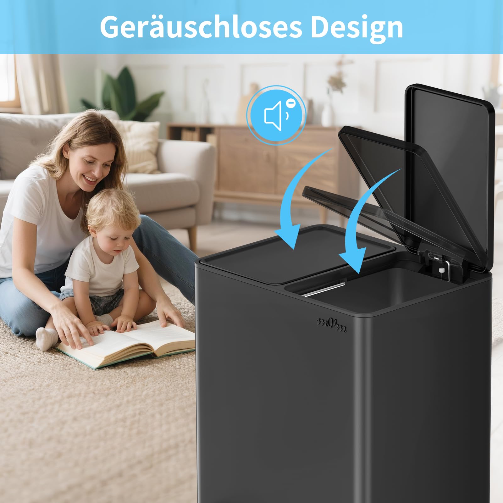 mVm Mülleimer Küche,30 Liter Treteimer,2 x 15 Liter Treteimer, 2 Fächer, Mülltrennsystem, Abfalleimer Küche mit Inneneimer aus Kunststoff,Metall,Klappdeckel, Softclose, Luftdicht