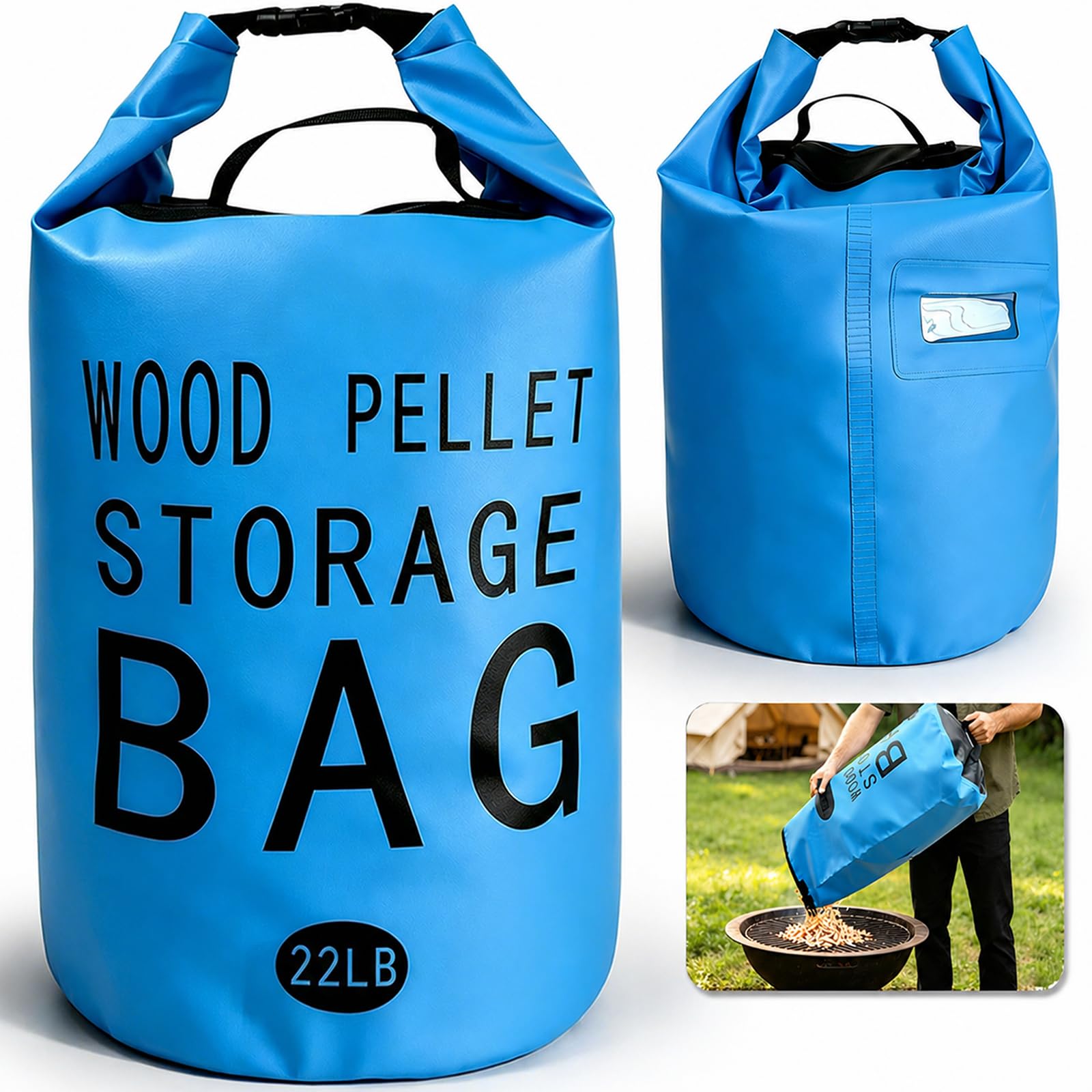 KEAGAN Waterproof Wood Pellet Storage Bag, 22LB Dual Handles - Charcoal Container for Outdoor Smoker Pellet & Grill, Pellet Bin w/Label Pocket, Airtight for Smoker Grill Charcoal (1-Pack)