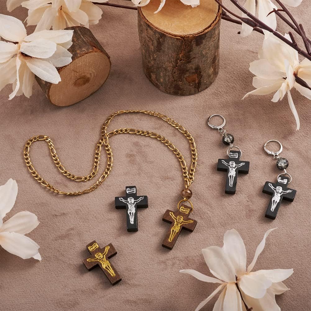 Cheriswelry 100Pcs Crucifix Cross Wood Pendants Crucifix Cross Printed Wooden Charms Dyed Wood Religious Dangle Charms 32.5-33.5mm for Men Women DIY Easter Necklace Jewelry Making - Image 5