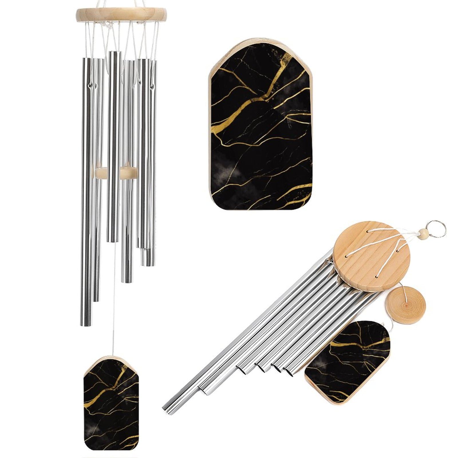 Carillon éolien extérieur suspendu 6 tubes alu déco marbre noir et or