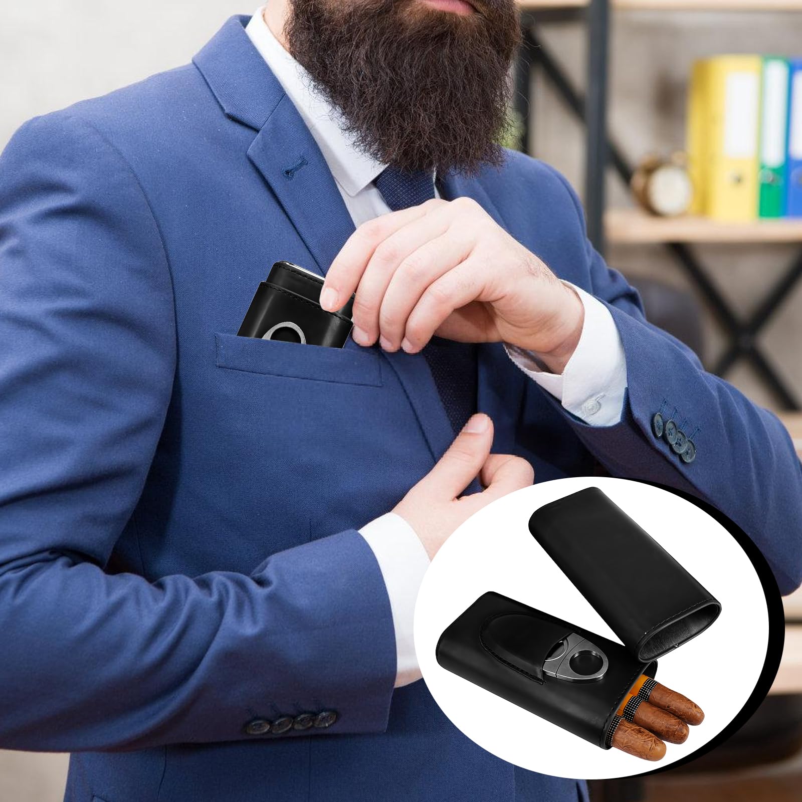 Zigarrenetui für 3 Zigarren, Leder Zigarren Etuis, Humidor Zigarren mit Zigarrenschneider, Reise-Zigarrenetui Tragbarer mit Zedernholz Ausgekleidet, Zigarren-Etui für Reise Kurztrips