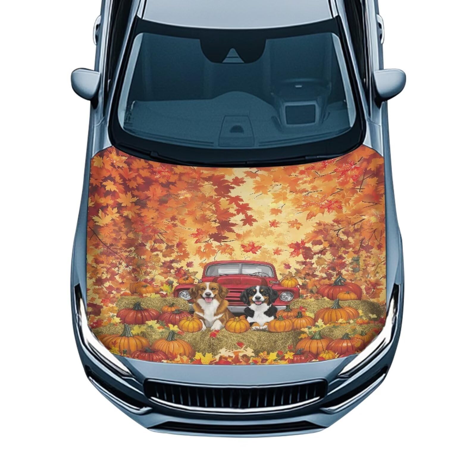 Fall Dog Pumpkin Print Car Hood Cover Protector 59×39 Inch Stretchable Auto Hood Wraps Waterproof Halloween Automotive Exterior Accessories for Most SUV Sedans Trucks