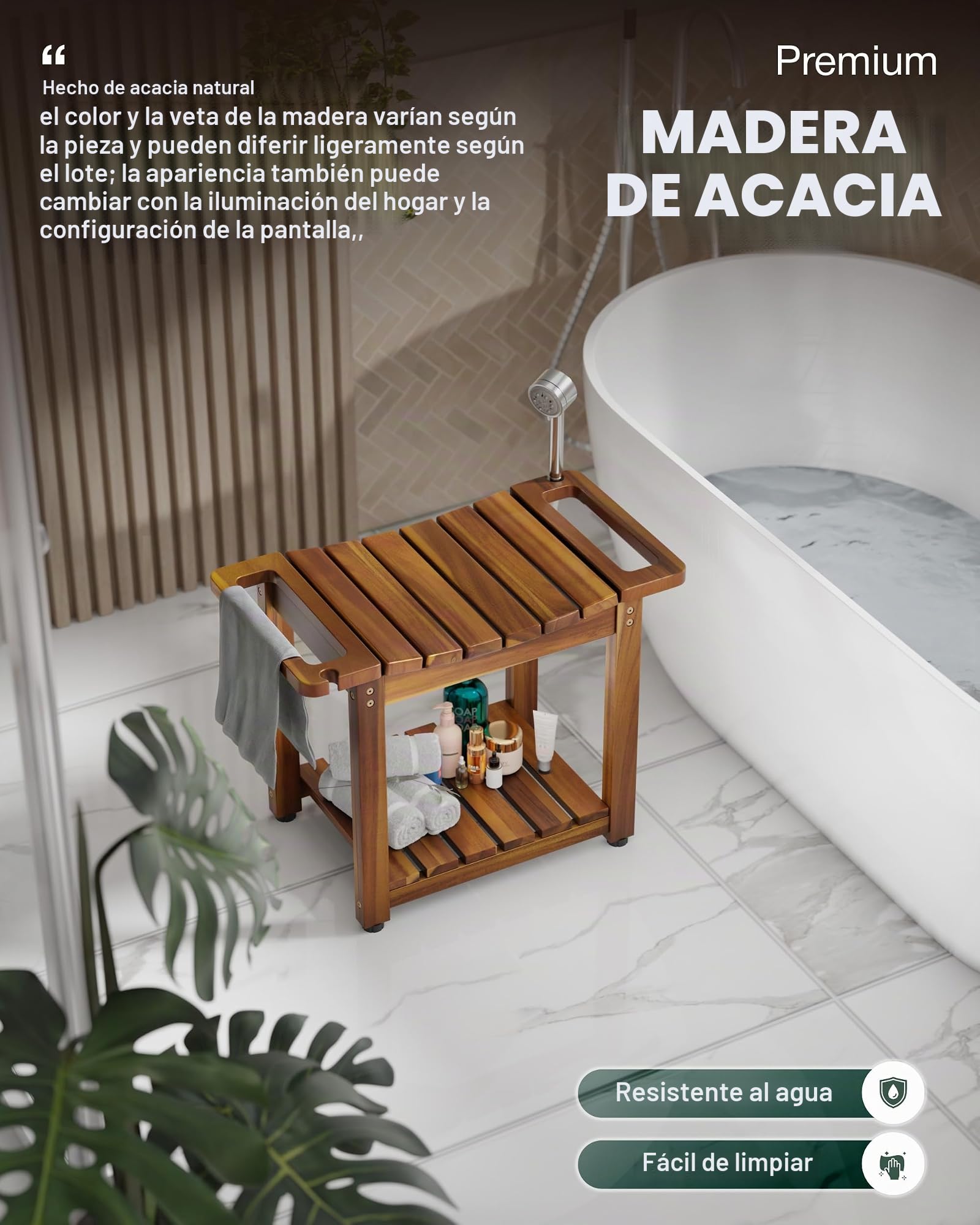 BLUEWEST Banco de Ducha con Estante de Almacenamiento, Bancos de Ducha de Madera Natural para Sentarse en el Interior, Taburete de SPA Impermeable para afeitarse Las piernas con Mango Integrado y