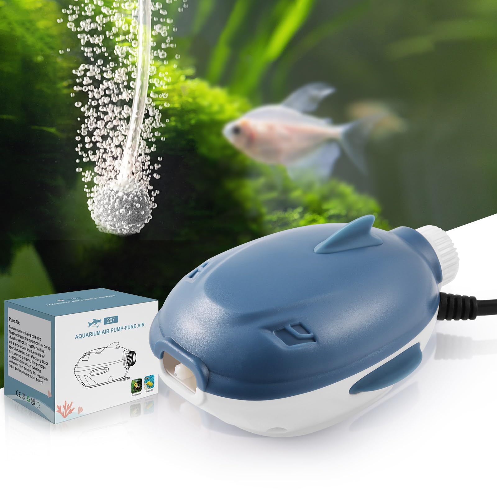 Dirvin 2W Silent Aquarium Air Pump -45GPH Small Fish Tank Bubbler, Adjustable Aquarium Aerator with Accessories for 5-20 Gallon Fish Tank