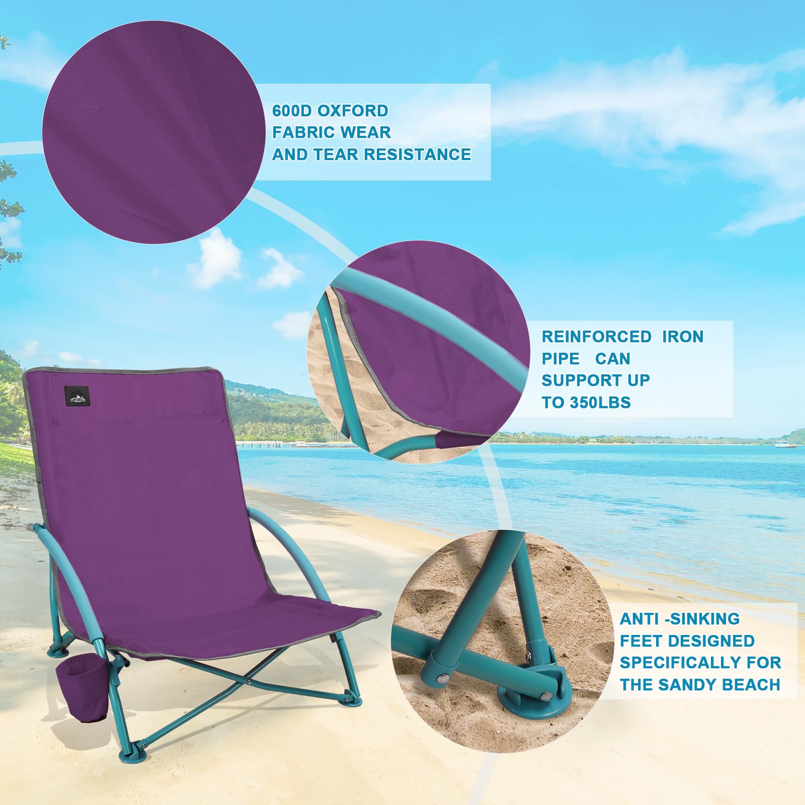 NORTHROAD Lot de 2 chaises de plage pliantes basses, portables et légères avec porte-gobelet et sac de transport pour camping, pelouse, pique-nique, festival, violet