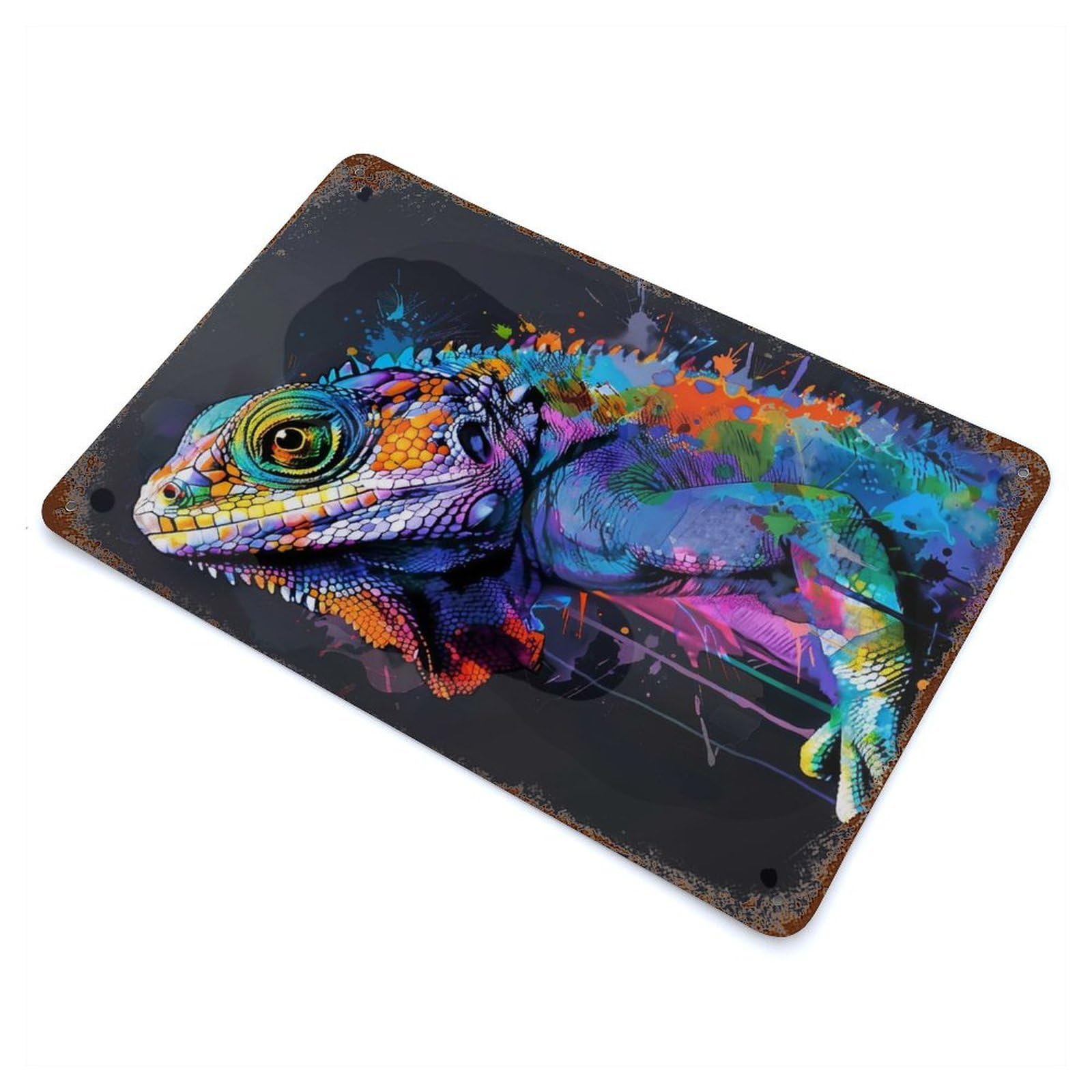 Aged Metal Wall Plaque with Chameleon Animal Painting Design 11.8"x7.9", for Pub, Kitchen And Man Cave Decor, Shabby Chic Decor