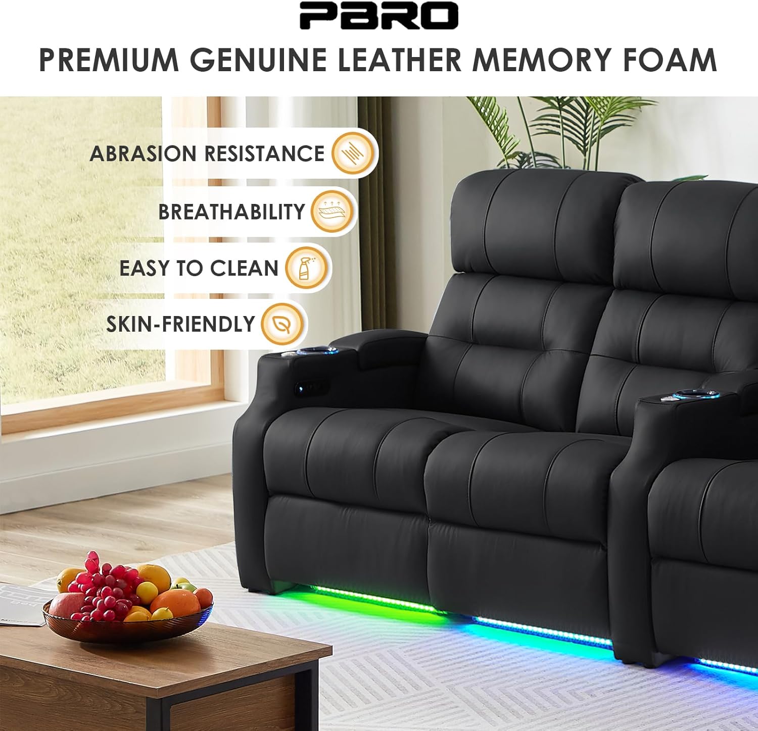 PBRO Home Theater Seating Top Grain Leather, Zero Gravity Recliner Chair Movie Theater Chairs Electric Sofa with Power Reclining USB Charge Ambient Lighting Black Single Seats for Living Room