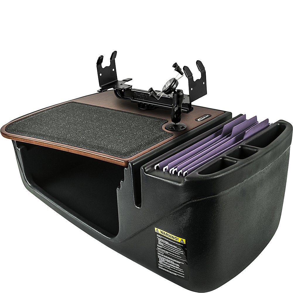 AutoExec AUE05300 Efficiency GripMaster Car Desk Mahogany Finish with Phone Mount and Printer Stand