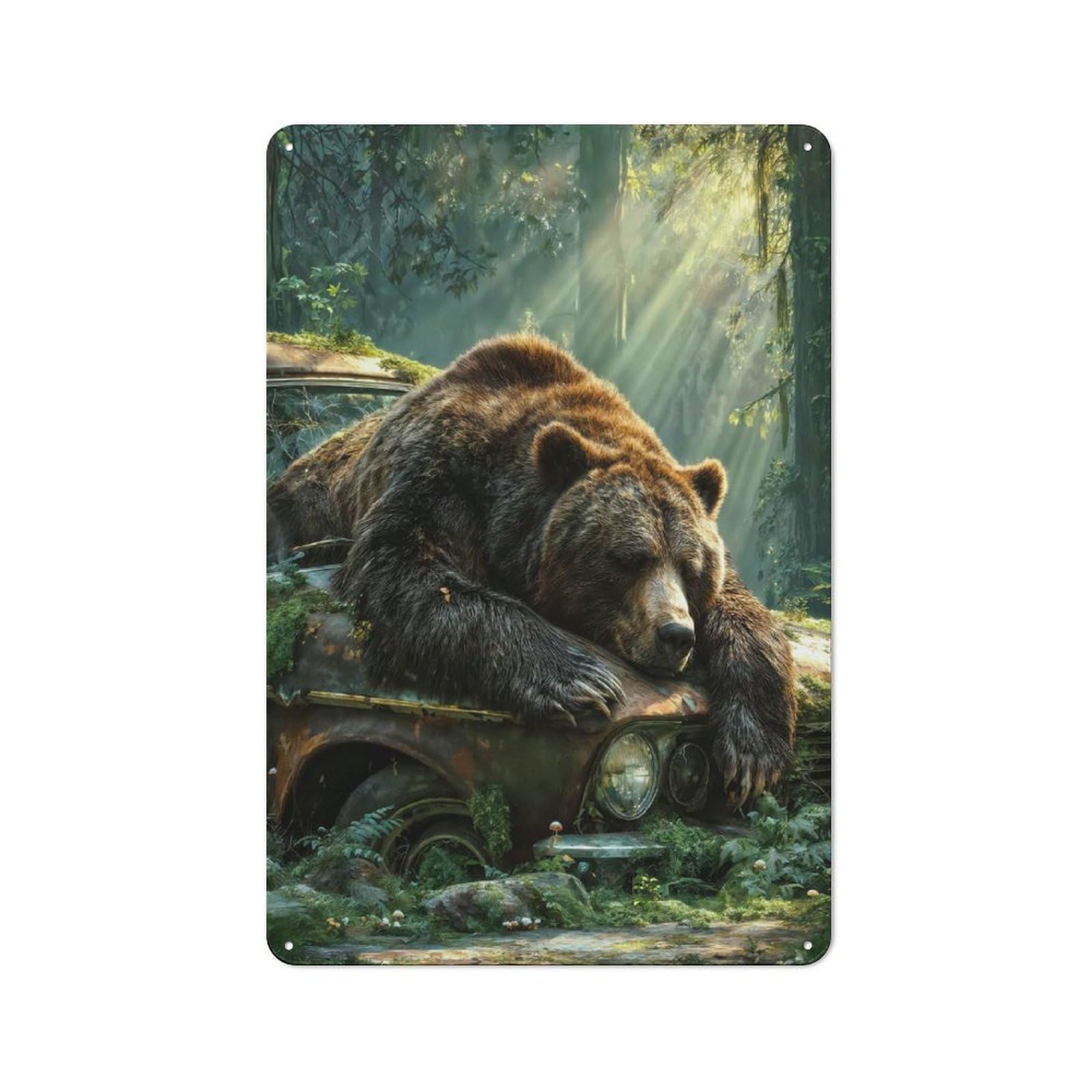 Junmoney Style-12 Peaceful Bear On Mossy Car Industrial-Style Tin Sign 30X20cm For Café Or Home Bar, For Cooler-Month Interiors With Industrial Character