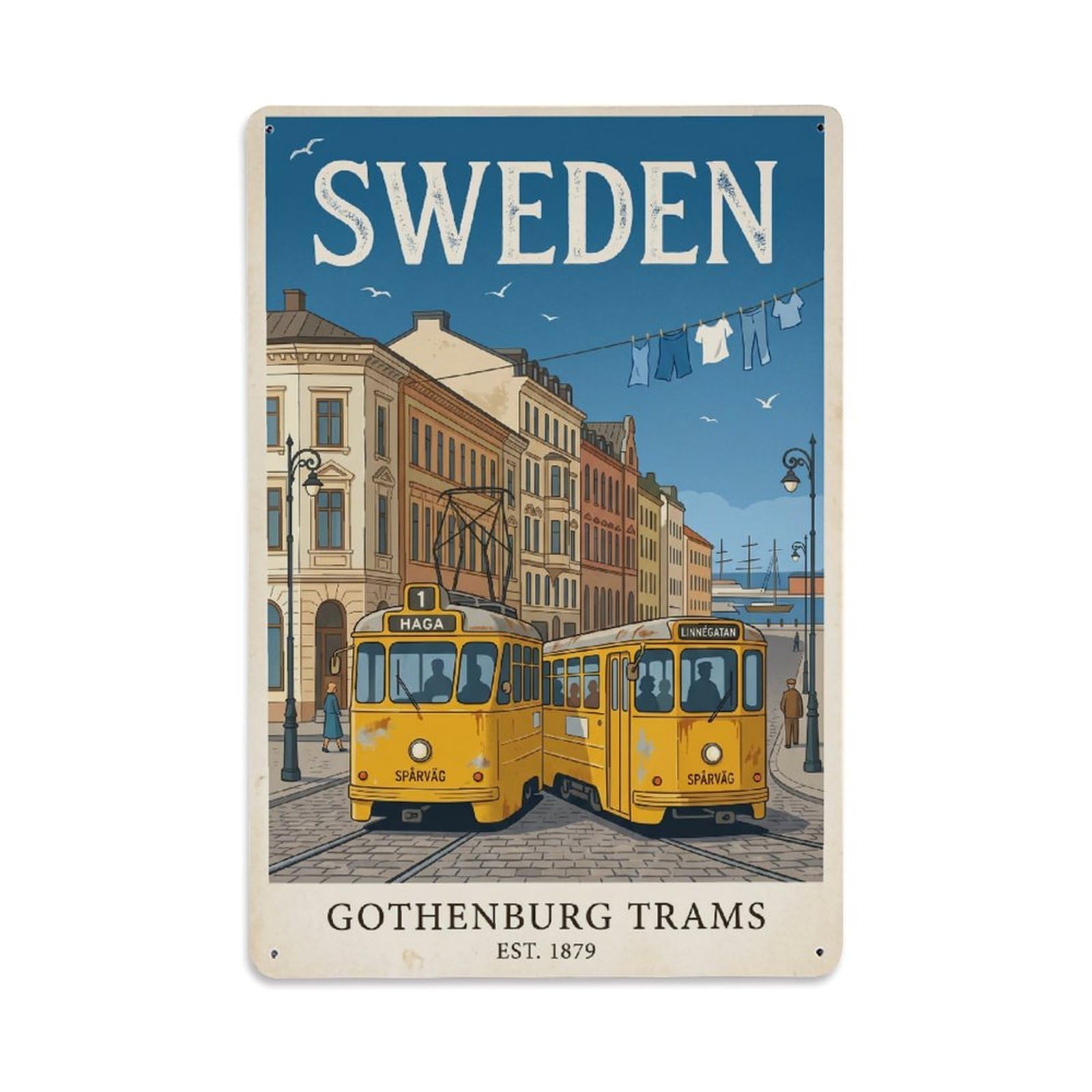 Vintage Travel Gothenburg Sweden Trams Metal Tin Sign