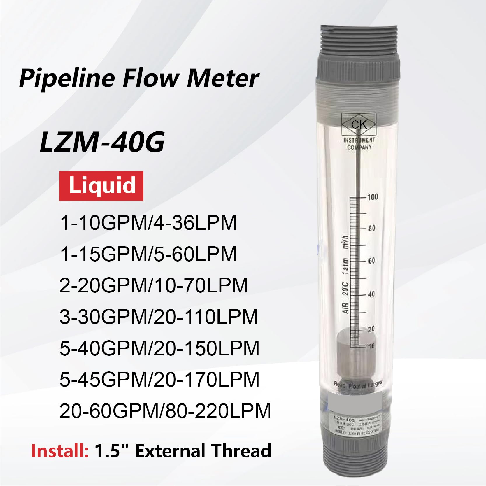 Medidor de Flujo rotámetro LZM-40G, medidor de Flujo de tubería acrílica for Agua Pura, Gas líquido, Industrial, mecánico Ajustable(1-10GPM 4-36LPM)