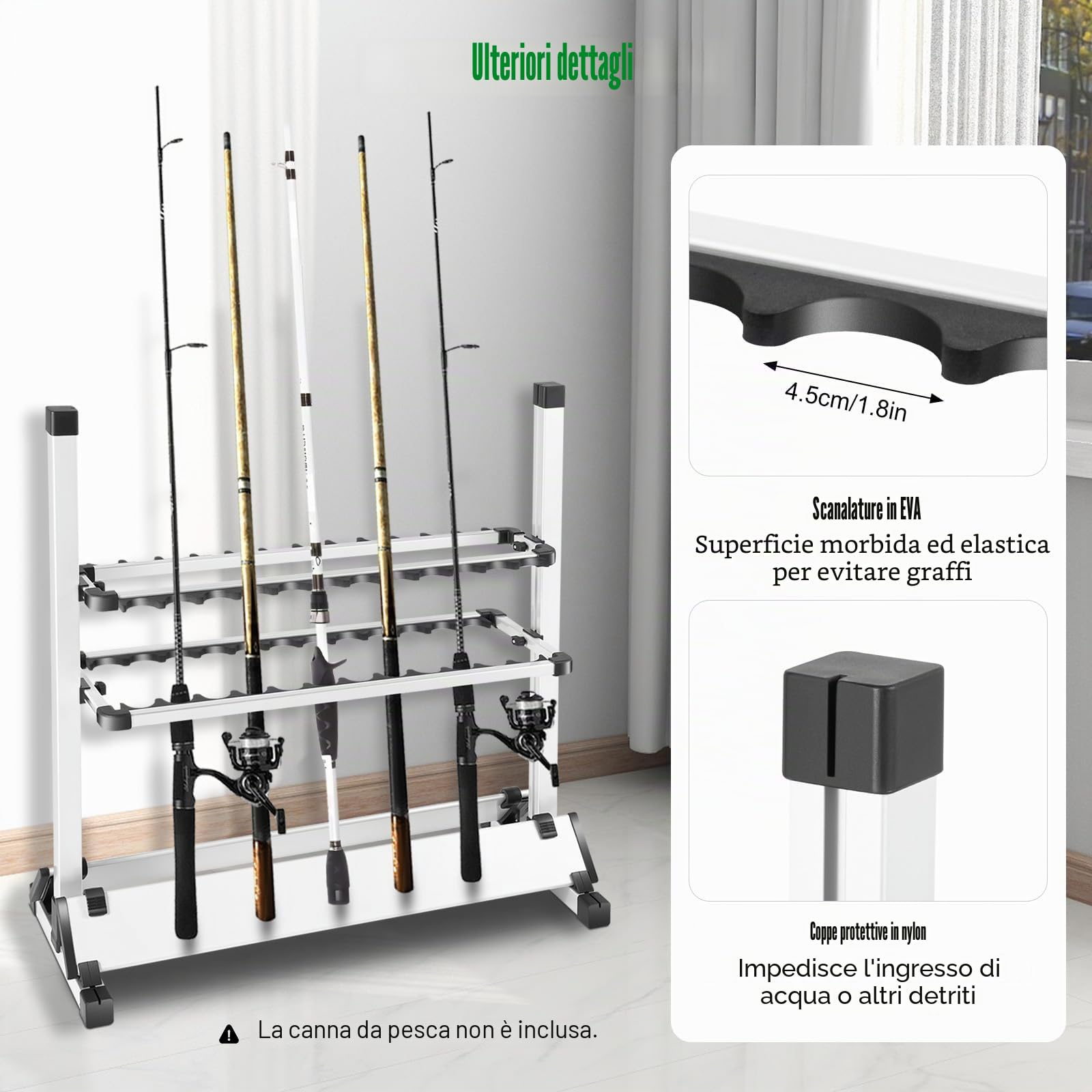 Portacanne da Pesca per 24 Canna, Supporto Regolabile in Alluminio Leggero 73x32x72 cm, Rack Portatile per Canna Spinning e Attrezzatura da Pesca, per Garage, Barca e Casa (Argento)