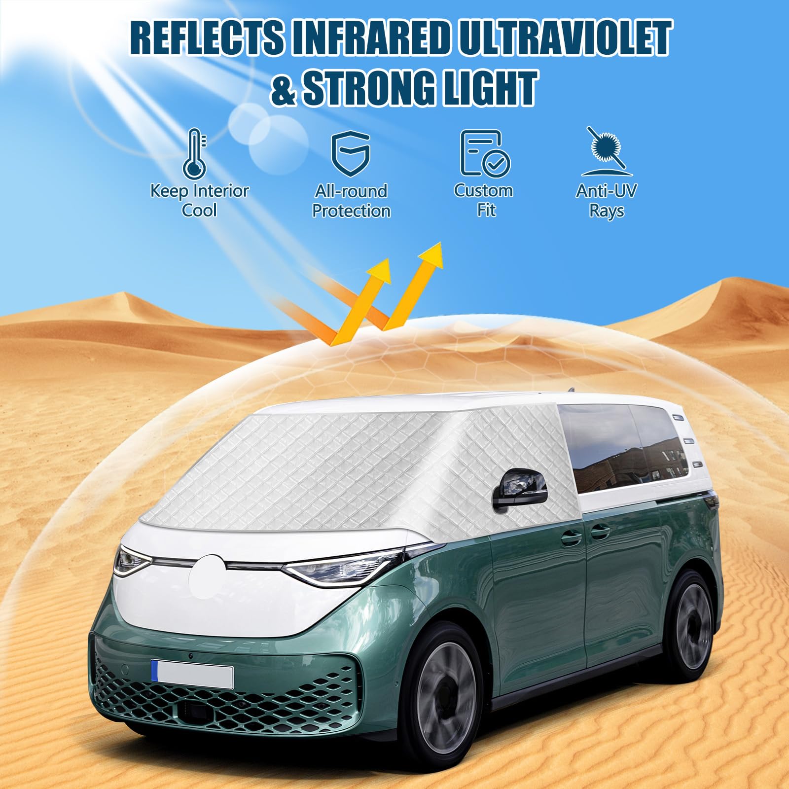 Frontscheibe für VW ID Buzz 2022-2026, Silberfarbene Außenabdeckung für die Windschutzscheibe, Frost- und Schneeschutzabdeckung