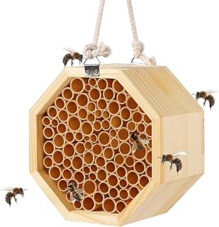 Mason Bee House - Handcrafted Natural Wooden Bee Hotel with Waterproof Wax Coating - Attracts Peaceful Pollinators, Enhances Garden Productivity