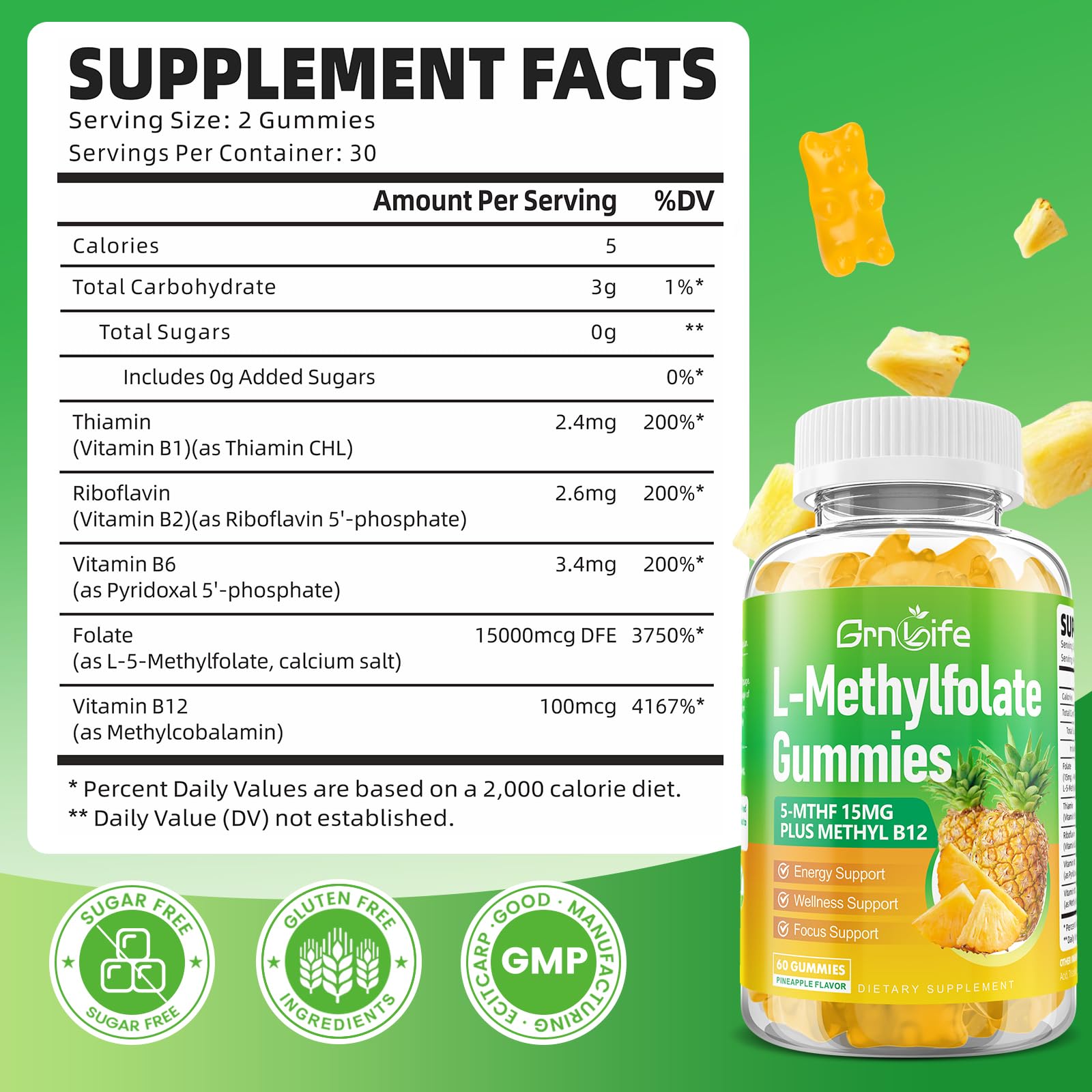 2 Pack L-Methylfolate 15 mg Gummies with Methyl B12, Methylated B1, B2, B6, Active 5-MTHF & High Absorption - Supports Brain Health & Immune System, Pineapple Flavor, 120 Count — Amazon image 2