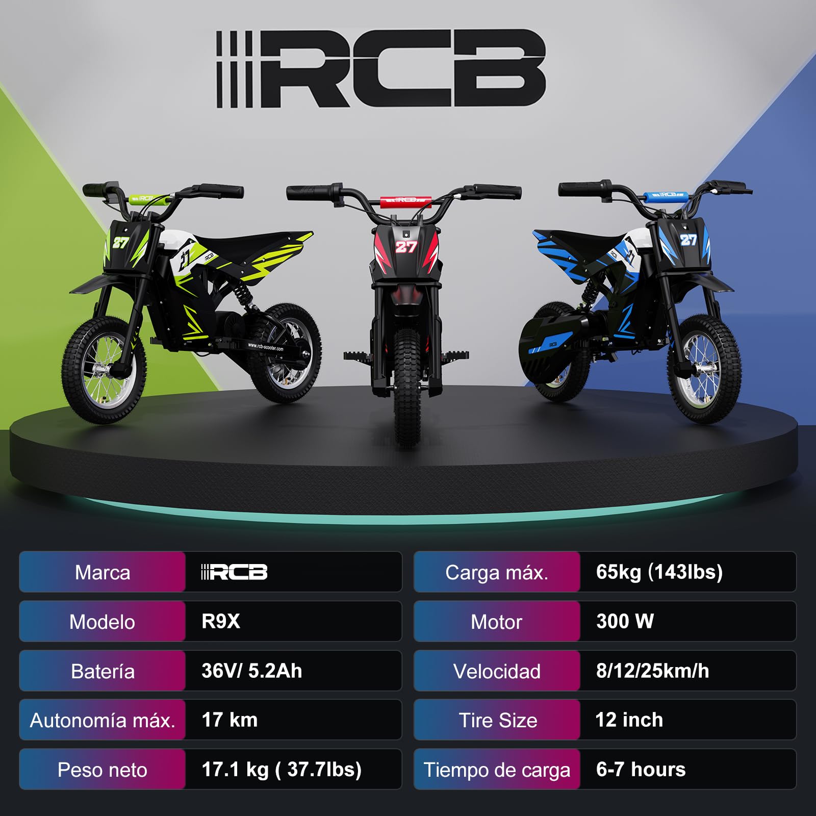 RCB R9X Moto Eléctrica Infantil, Neumáticos de 12 Pulgadas, Potente Motor, 3 Modos 8/12/25KMH, Autonomía máxima 17KM, Batería de 5,2 Ah, Motocross para niños 6+ años