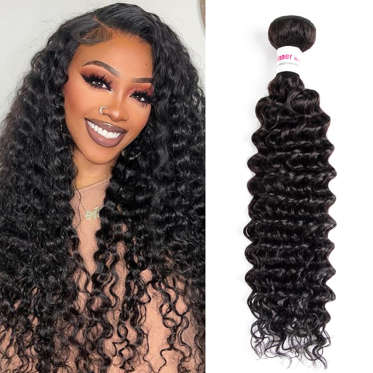 12A Deep Wave Human Hair Bundles 16Inch Curly Bundles Human Hair 100% Unprocessed Human Hair Bundles Deep Wave Weft Extensions Weave Natural Black