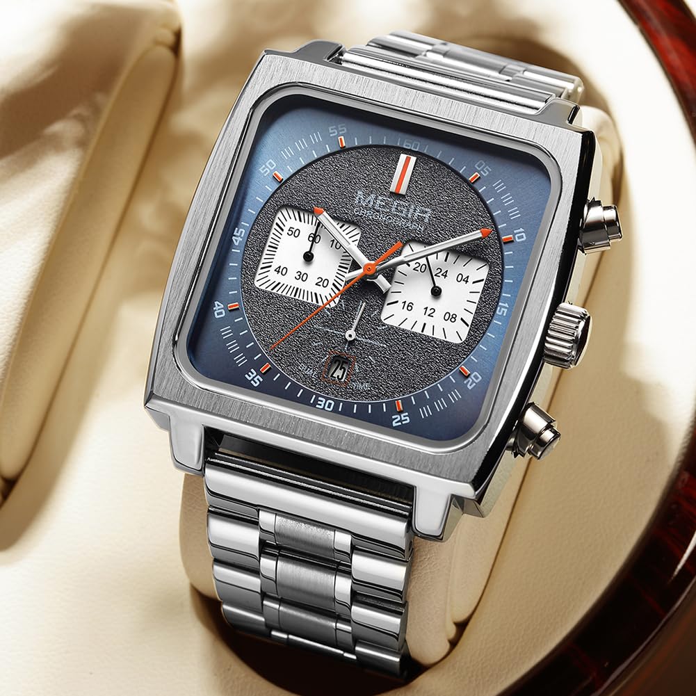MEGIR Herren Rechteck Business Arbeit Analog Quarz Chronograph Leuchtende Sport Armbanduhr mit Leder/Edelstahl Armband 2182G, silber, blau, Geschäftsarbeit
