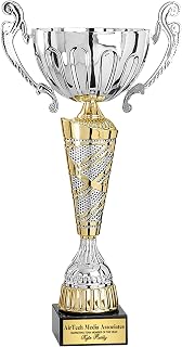 SHOP AWARDS AND GIFTS 17-3/4 Inch Silver with Gold Accents European Style Trophy Cup, for Tournament, Championship, Prizes and Gifts, Corporate Award, Unisex, Can be Personalized