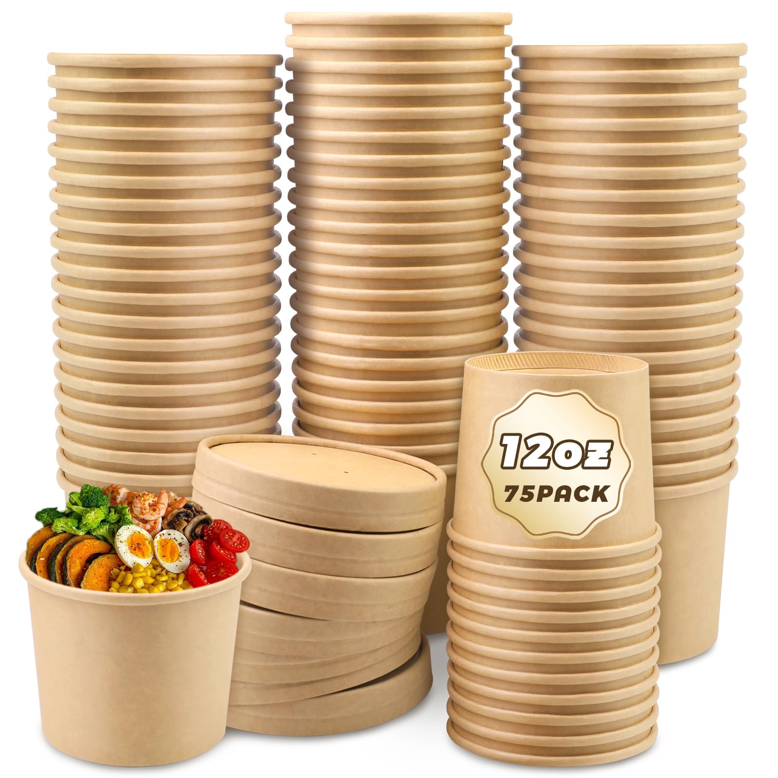 Paquete de 75 tazas de sopa desechables, cuencos de papel kraft desechables de 12 onzas con tapas ventiladas, vasos de sopa de papel, recipientes de papel kraft para alimentos, vasos de papel