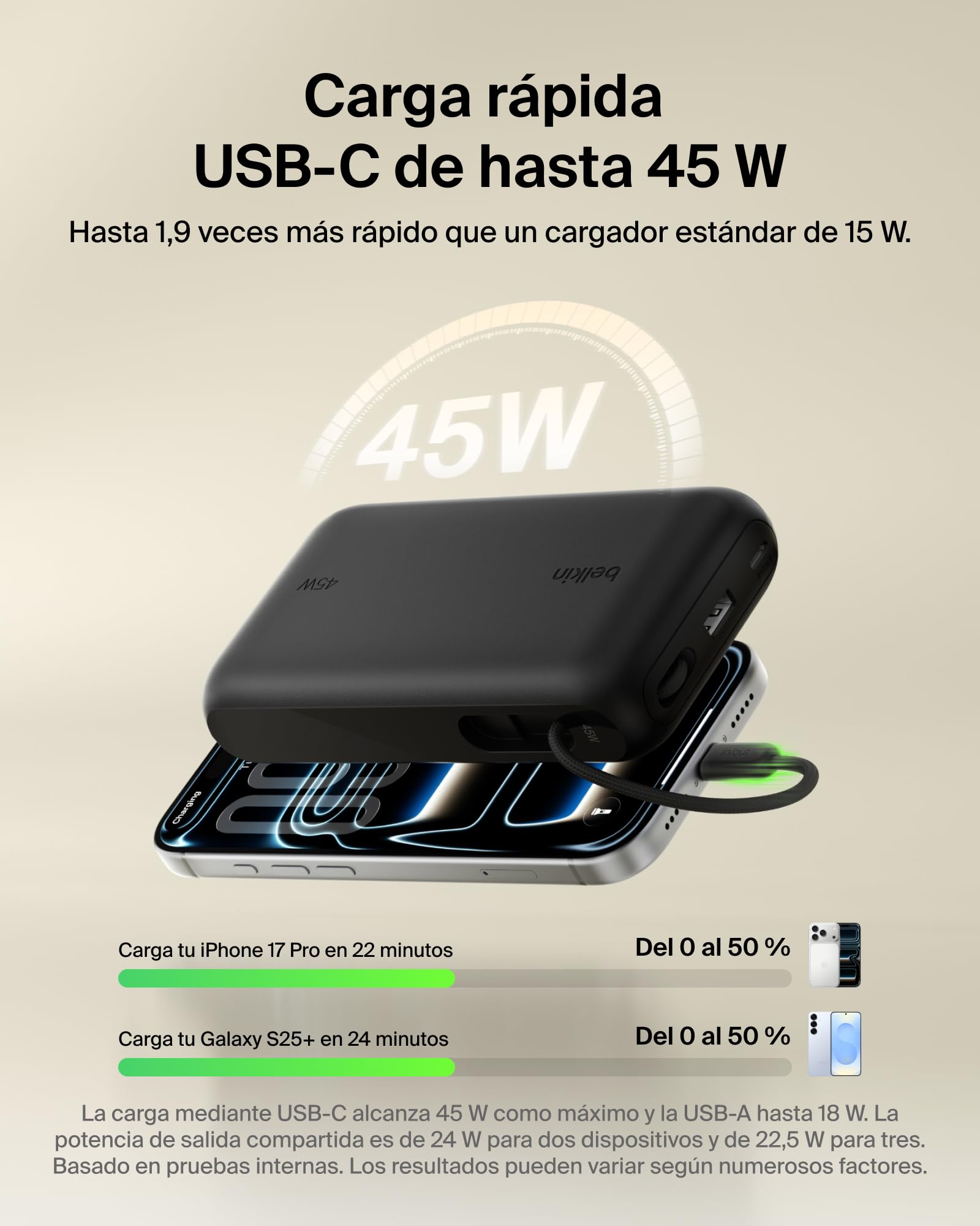 Belkin UltraCharge Batería Externa 20000mAh Cable USB-C y Pantalla - Negro | Power Bank de 20000 mAh, 1 Puerto y 1 Cable USB-C y 1 puerto USB-A, 45 W, LED, Apta como Equipaje de Mano y con Pantalla