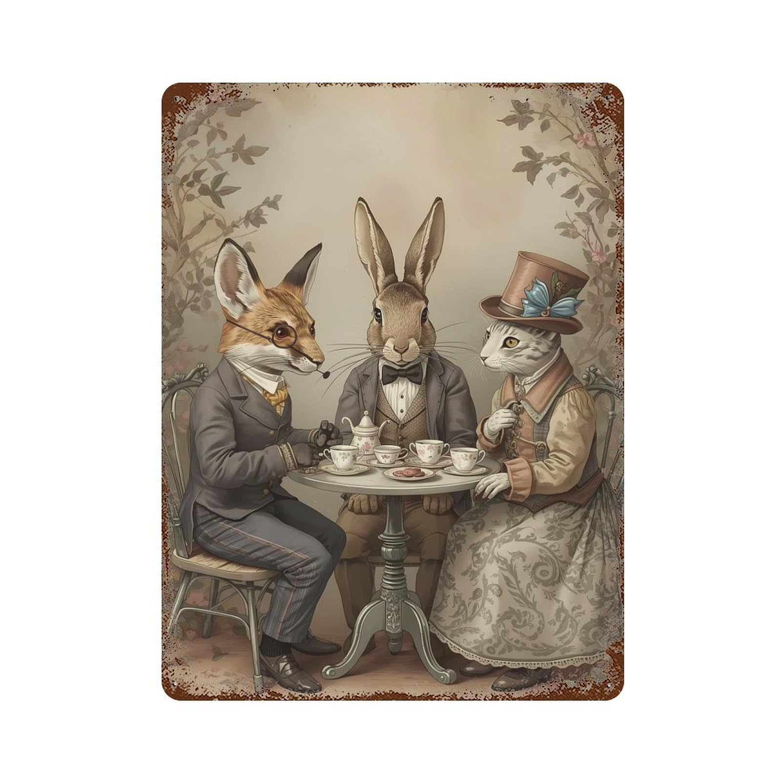 Rustic Tin Plaque Anthropomorphic Animals Tea Party 15.7"x11.8", Rustic Home Decor for Office, Studio And Wall Decor