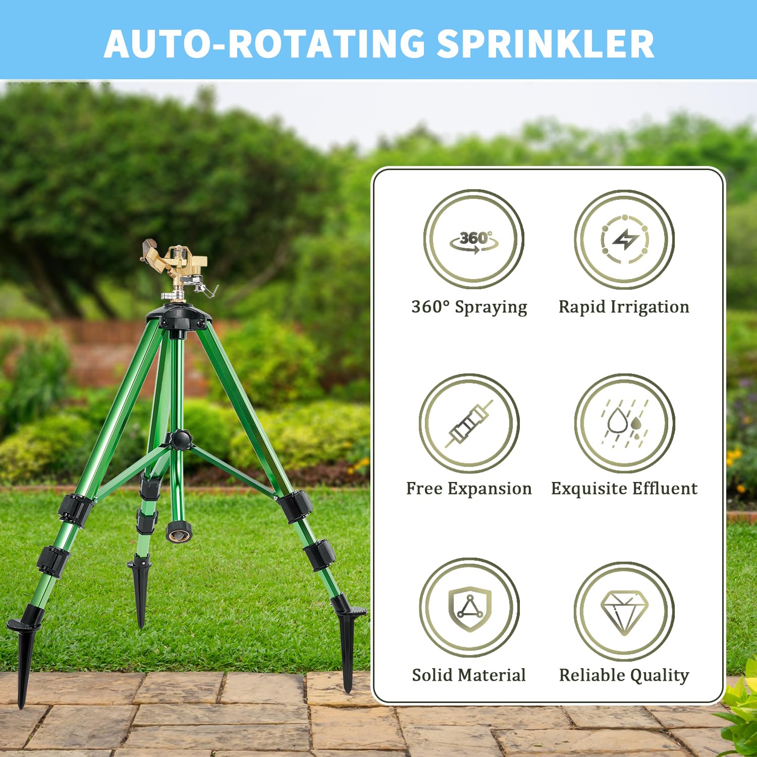 Irrigatori per cortile con ugello testa regolabile, irrigatore per prato con irrigazione a copertura di ampia area a 360 gradi, irrigatori d'acqua in ottone resistente con gambe di estensione,