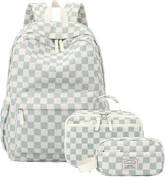 Corduroy Backpack for Kids with Lunch Box & Pencil BagChessboard Green