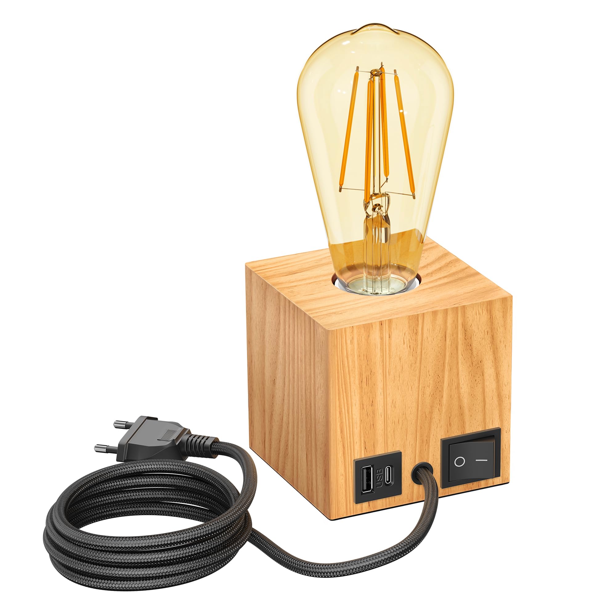 ledscom.de Tischlampe HITO, Holz massiv, eckig, USB, inkl. E27 Lampe Retro, gold, max. 814lm, 3-Stufen, extra-warmweiß