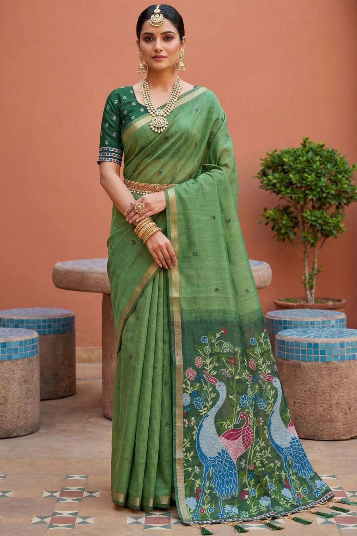 SGF11 Women's Soft Cotton Linen Silk Saree With Unstitched Blouse Piece