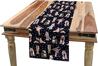Ambesonne Kissing Table Runner, A Pair of Couple Snowboarders and Skiers Hugging Sitting Posing on Dotted Backdrop, Dining Room Kitchen Rectangular Runner, 16" X 90", Multicolor