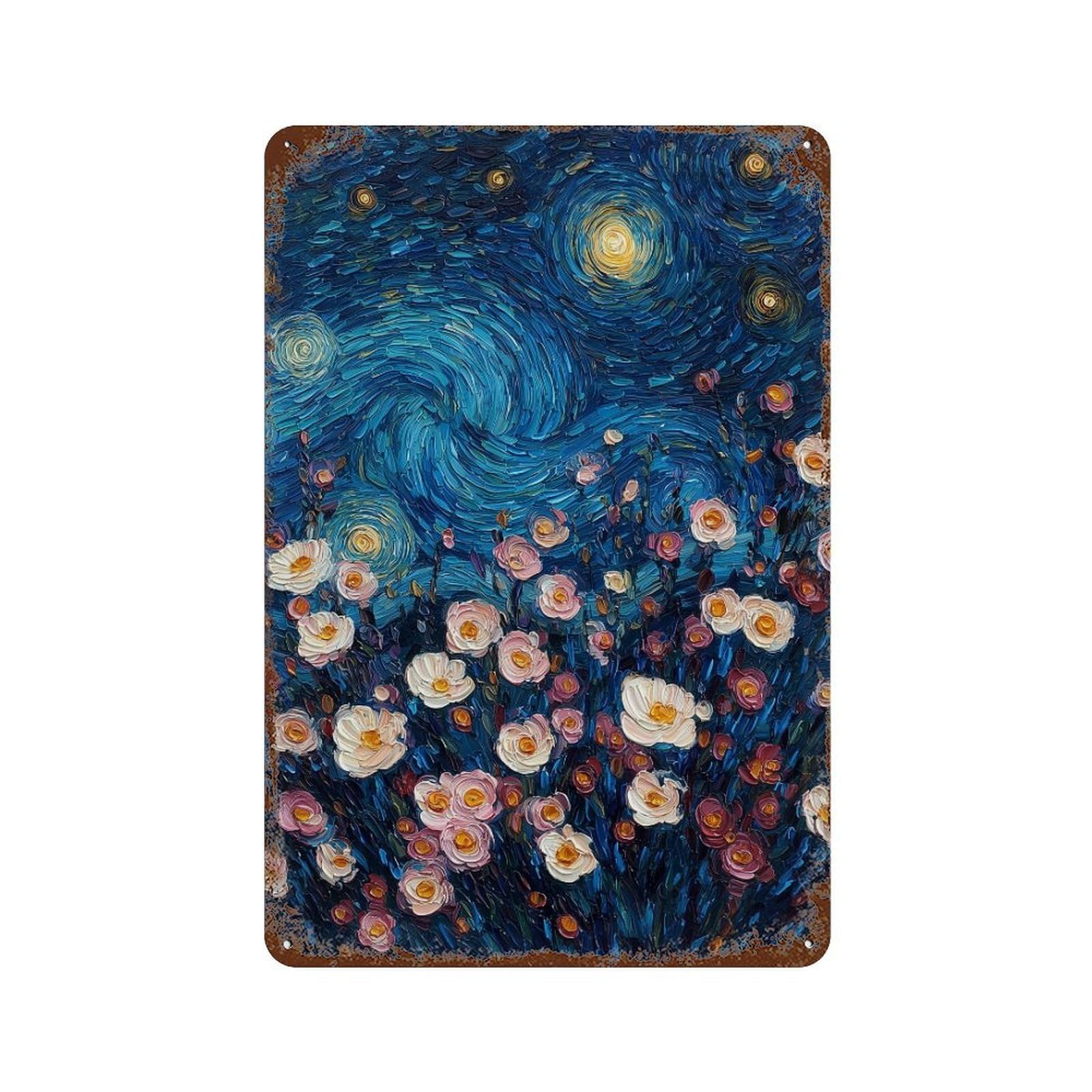 Rusty Metal Tin Sign with Starry Night Flowers Canvas Print Design 11.8"x7.9", for Farmhouse, Kitchen And Entryway Decor, Classic Wall Plaque
