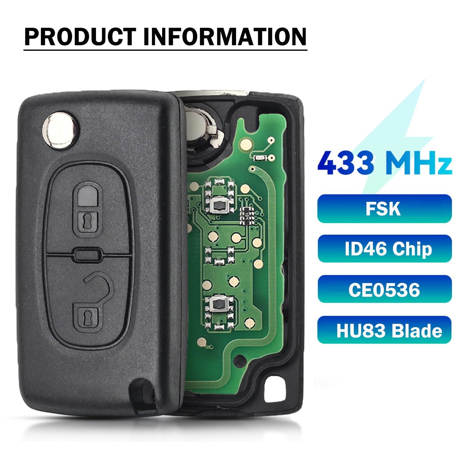 FSK Llave Remota del Coche, 2 Botones Mandos a Distancia 433 MHz ID46(PCF7961) Programable Chip para Peugeot 207 307 308 407 807 3008 5008 Expert Citroën C2 C3 C4 C5 C6-CE0536 Hoja HU83