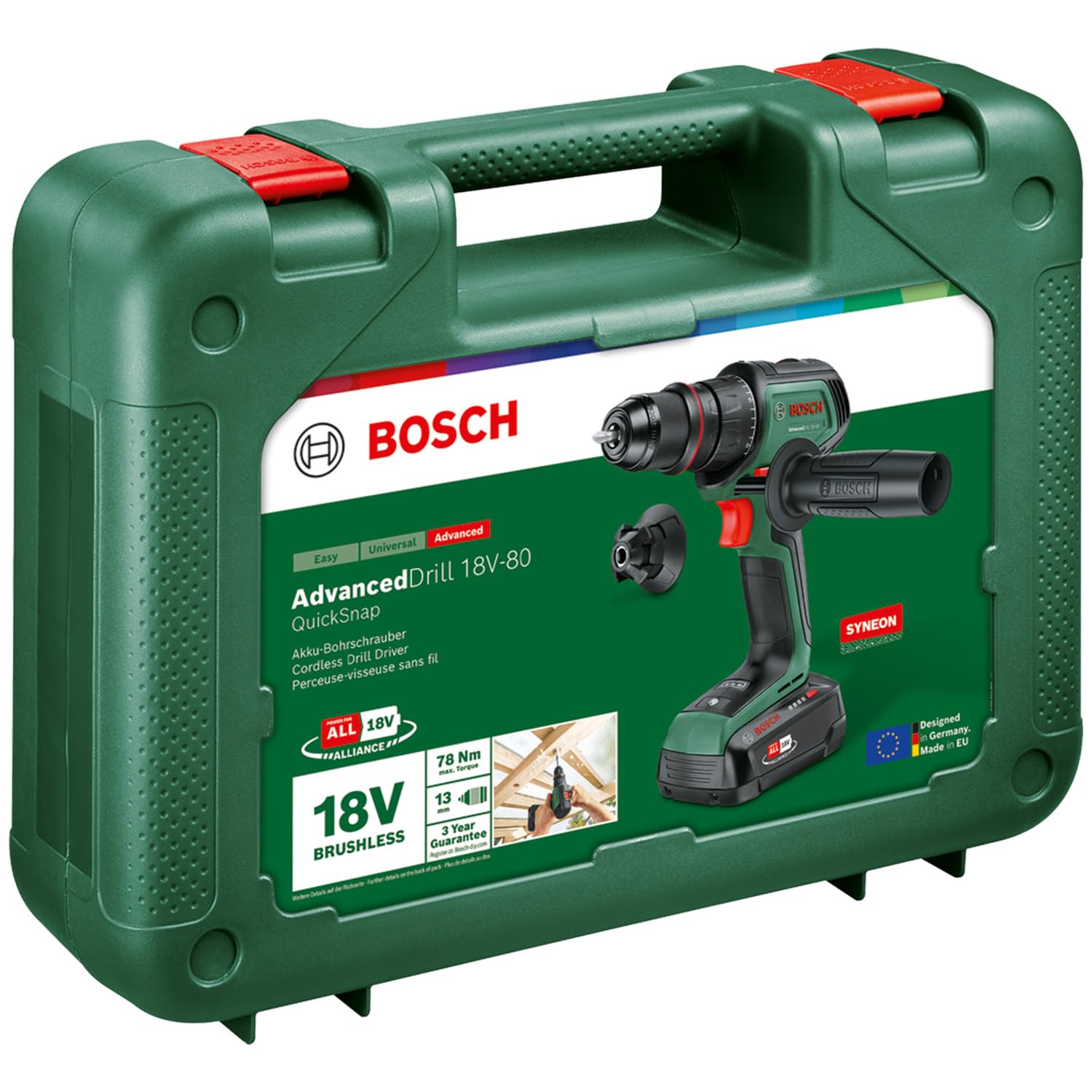 Bosch Taladro/atornillador con batería AdvancedDrill 18V-80 (taladrar/atornillar; sist. 18V; 78 Nm; portabrocas 13 mm; caperuza magn.; empuñadura adic.; con batería y cargador)