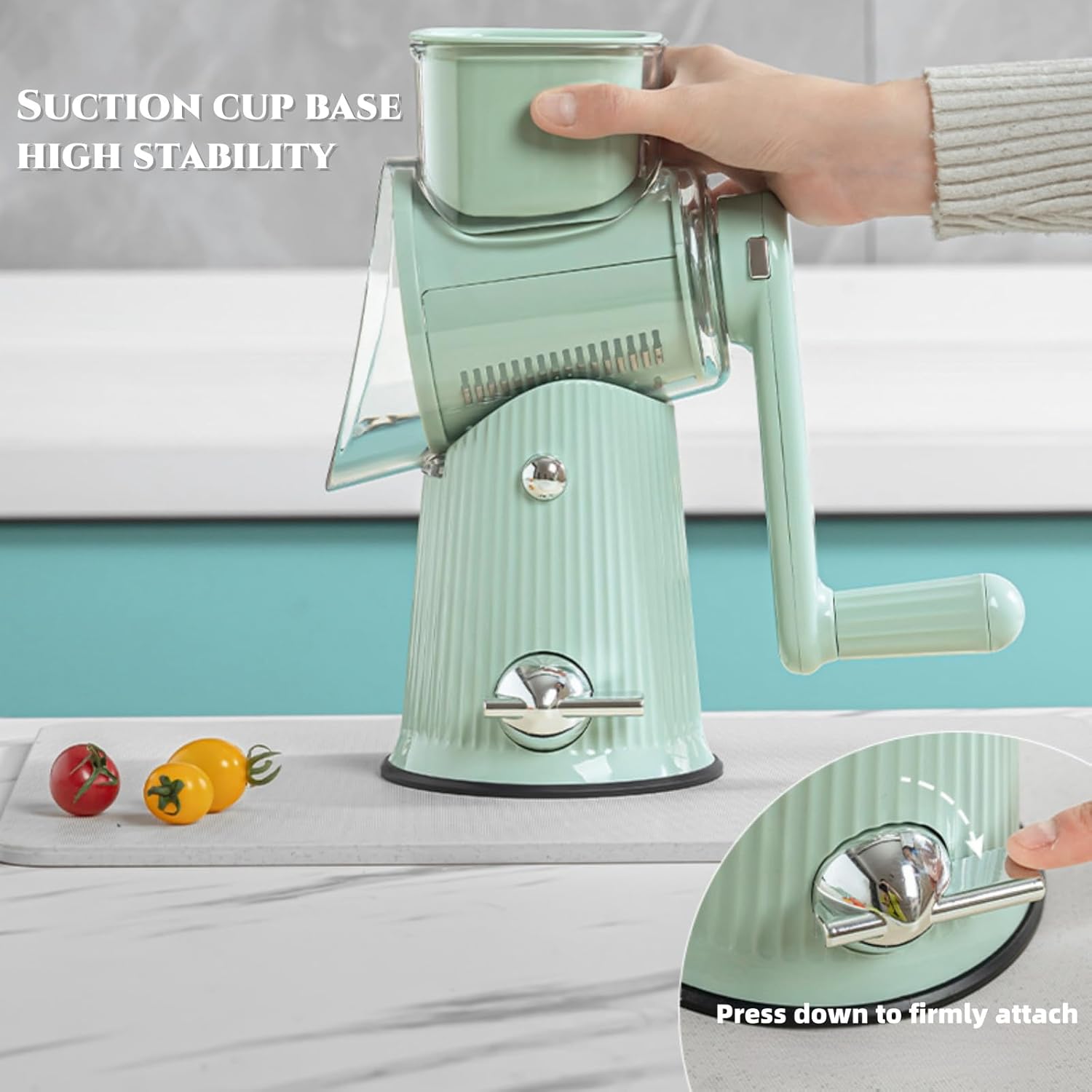 5-in-1 Rotary Grater with Hand Crank - Stainless Steel, Green - Ideal for Cheese, Onion, Apple Slicer, Mandoline Slicer, Chopper Vegetable Cutter - Perfect for Kitchen
