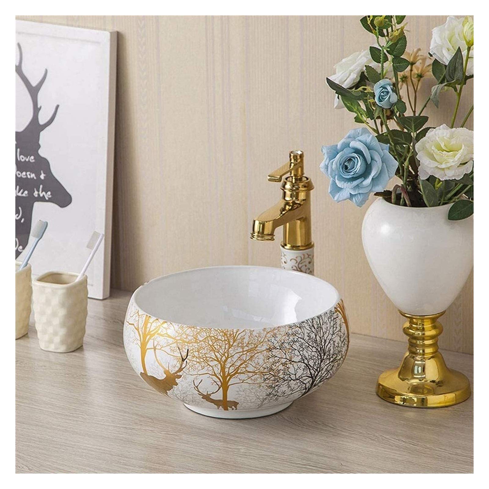 OLSKFUH Bathroom Bar Vanity Vessel Sinks Above Counter Ceramic Round Shape Wash Basin Bathroom Porcelain Vessel Sink, Above Counter Counter Top Bowl Sink,