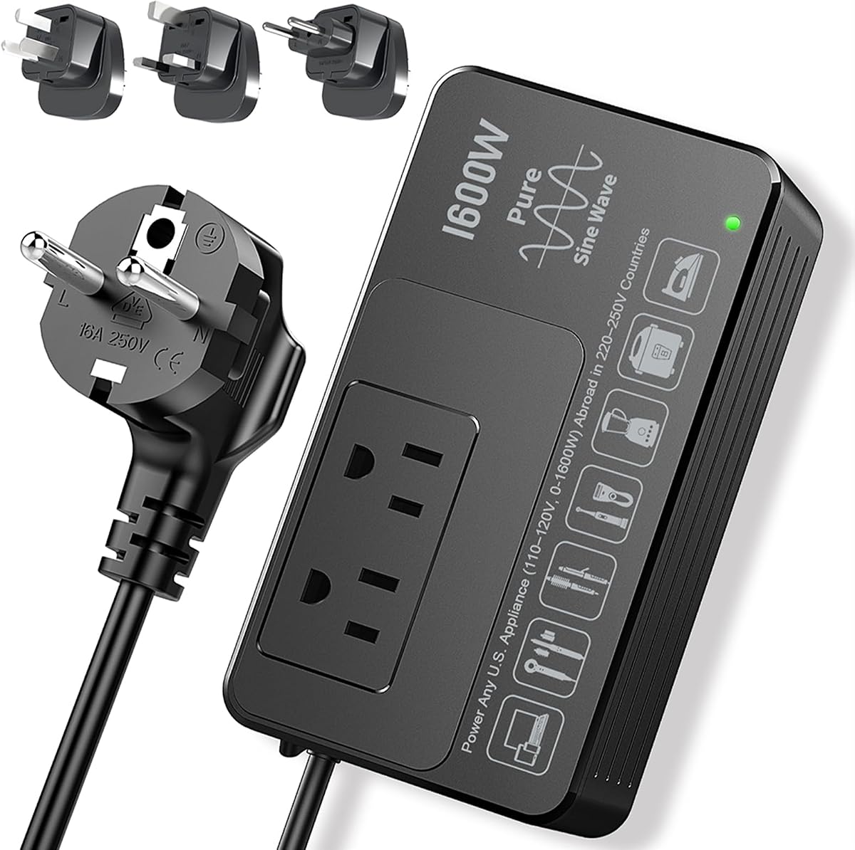 Convertidor HYTED 1600W 220V a 110V, sin restricciones de tipo de carga - Plug & Play | Convertidor de voltaje de onda sinusoidal pura para viajes internacionales de EE. UU. a Europa, alimente cualquier electrodoméstico de 110 a 120 V en países de 220 a 250 V