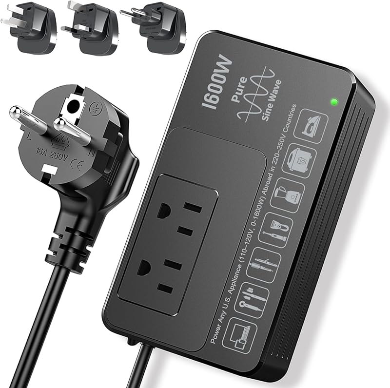 Convertidor HYTED 1600W 220V a 110V, sin restricciones de tipo de carga - Plug & Play | Convertidor de voltaje de onda sinusoidal pura para viajes internacionales de EE. UU. a Europa, alimente cualquier electrodoméstico de 110 a 120 V en países de 220 a 250 V