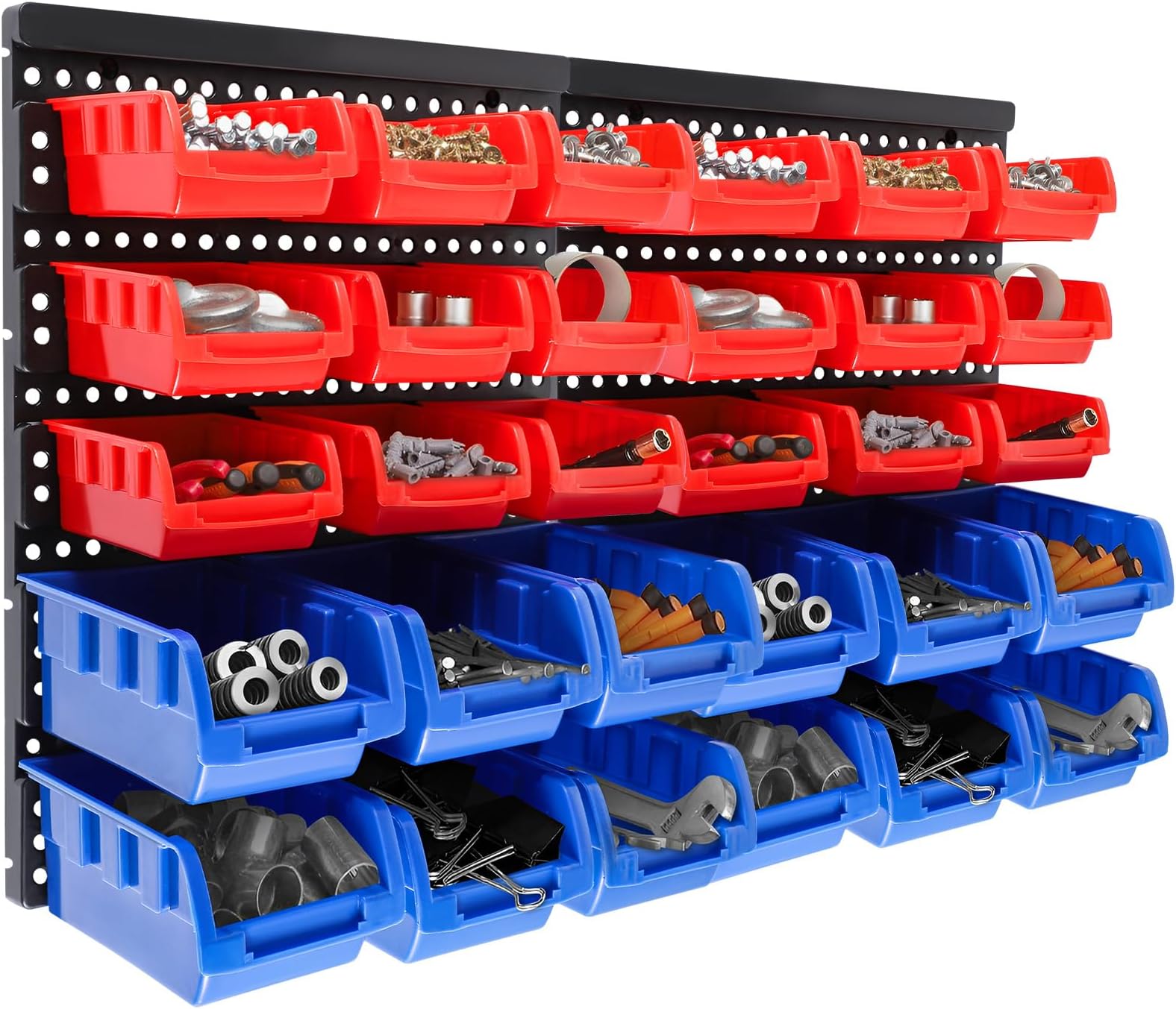 Holdfiturn 32Pcs Wall Mounted Storage Bins Backboard DIY Stackable Workshop Storage for Tools Hardwares Crafts 64 x 41cm Plastic Bin Panel Rack with Screws for Tool Shed Garage Workshop