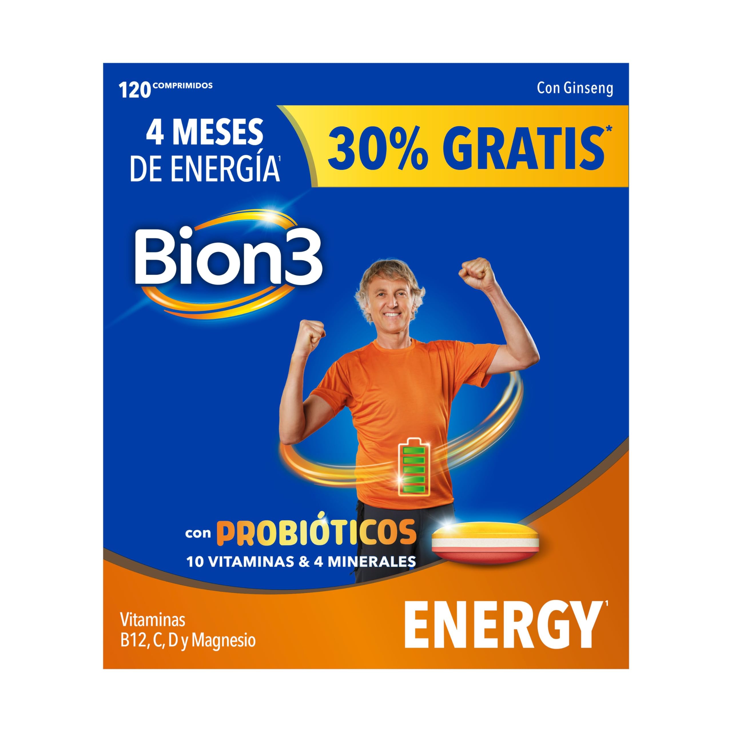 Bion3 Energy Comprimidos Multivitamínicos con Probióticos, Complemento Alimenticio, Reducción de la fatiga¹, Vitamina C, D, Complejo B y Magnesio