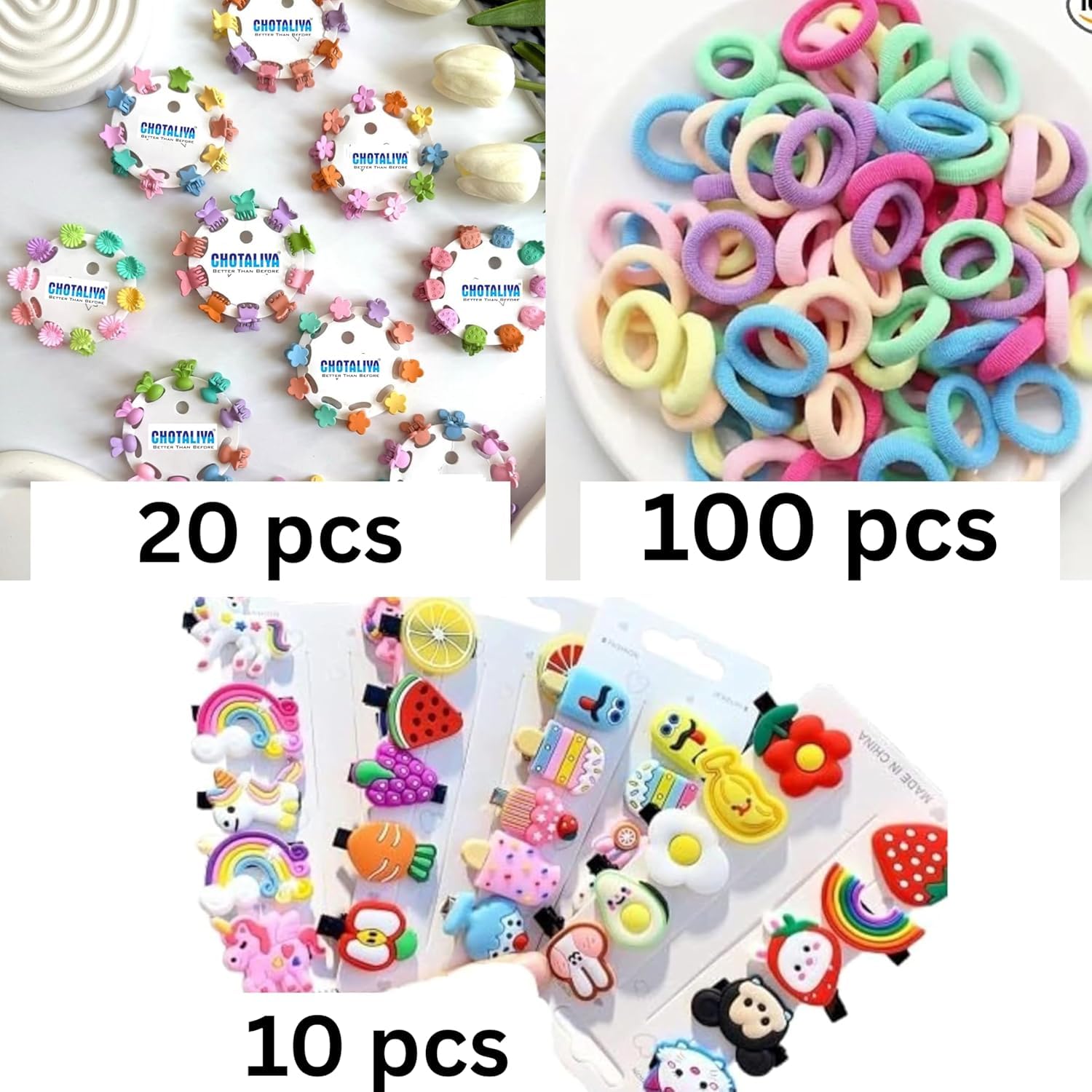 129Pcs combo Baby Hair Accessories 20pcs Mini Hair Clip 10 pcs Cute Fruit Cartoon Animal 100pcs Baby Hair Ties for Girls and Kids Hair Pin for Kids & Small Girls (Random Designs)