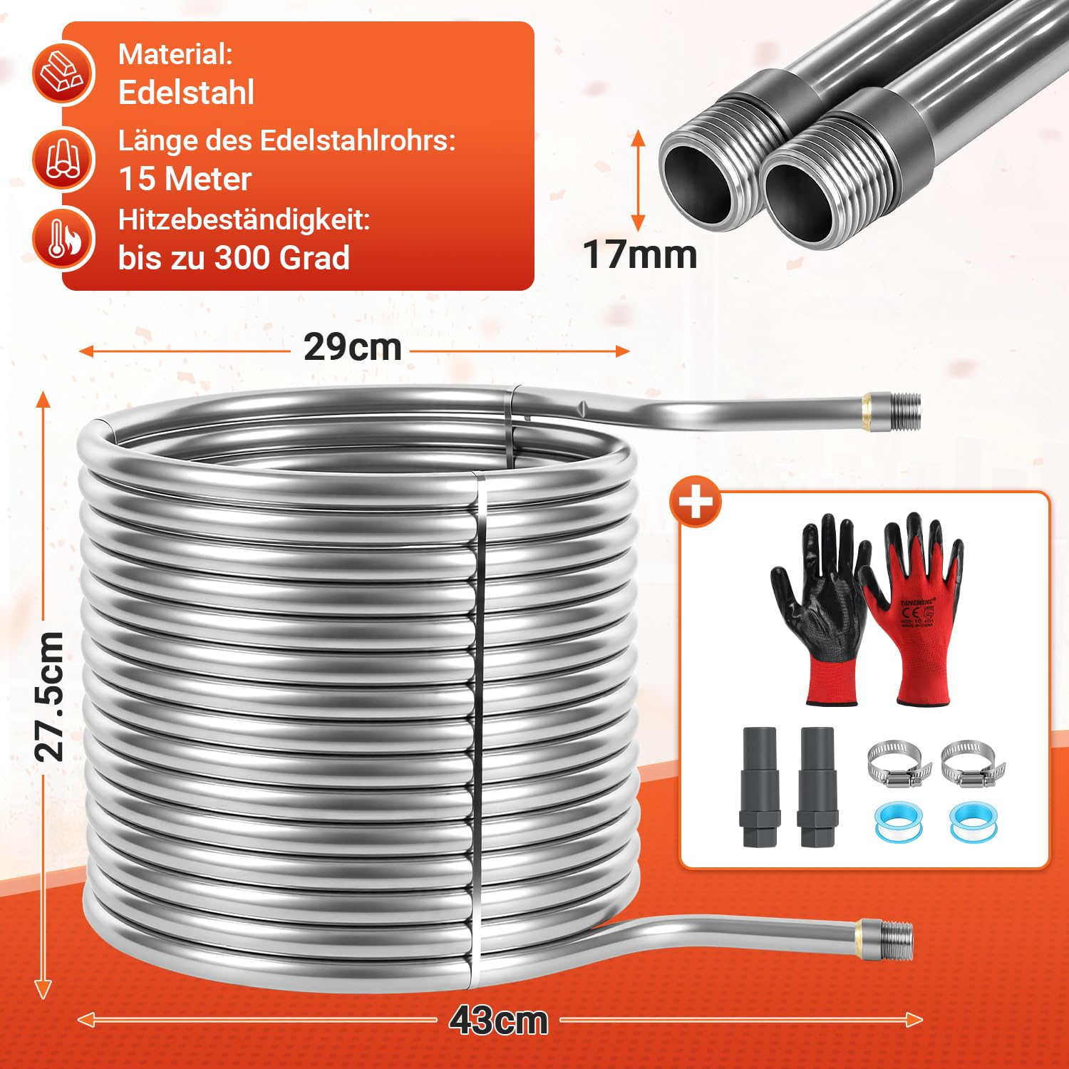 Spirala grzewcza ze stali nierdzewnej, 15 m, 17 mm, rura ciągła