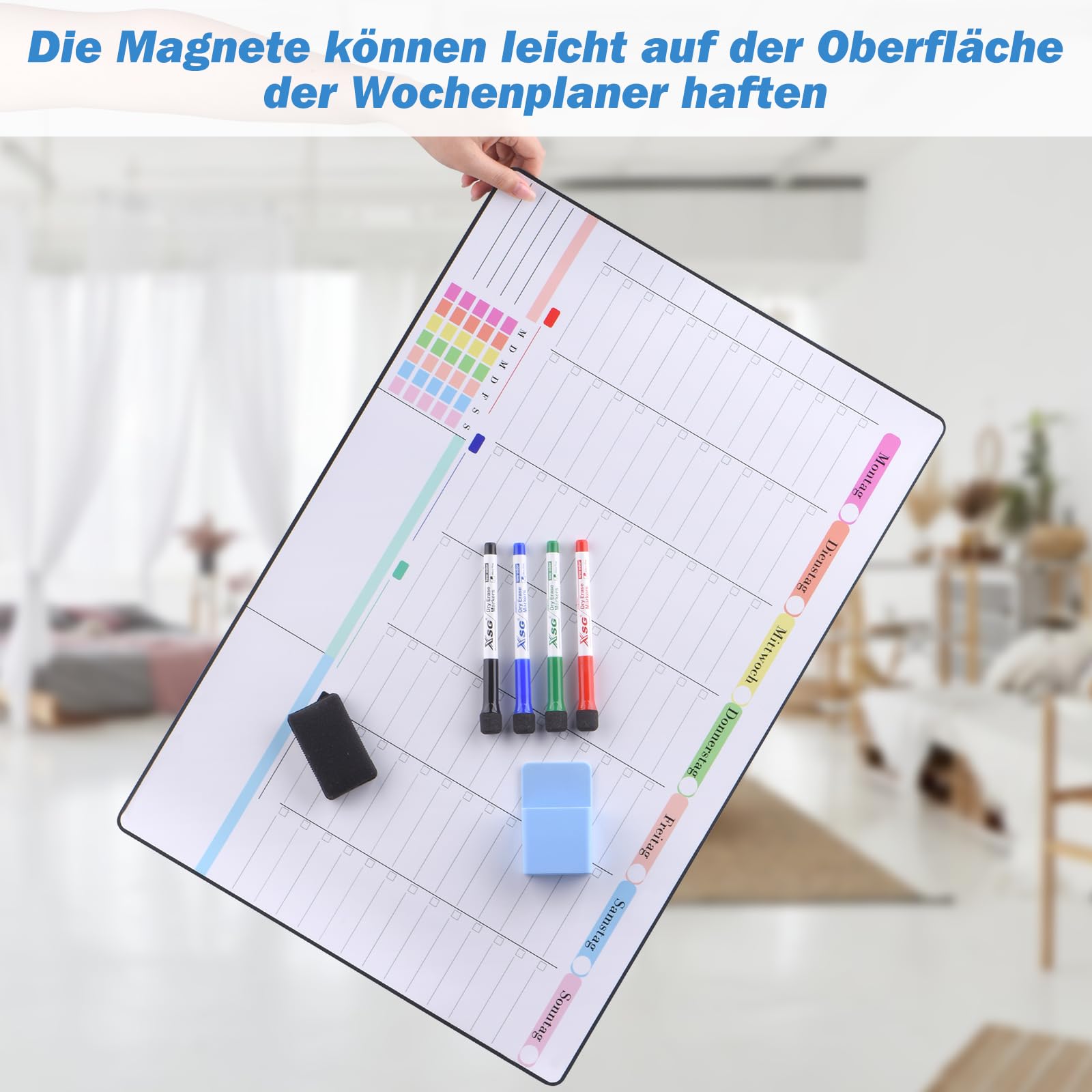 POPRUN Familien Planer Whiteboard Wochenplaner 60x40cm, Abwischbar Selbstklebend, für Wand Glas Holz Glatte Oberflächen, Haushaltsplan Terminplaner Planungstafe